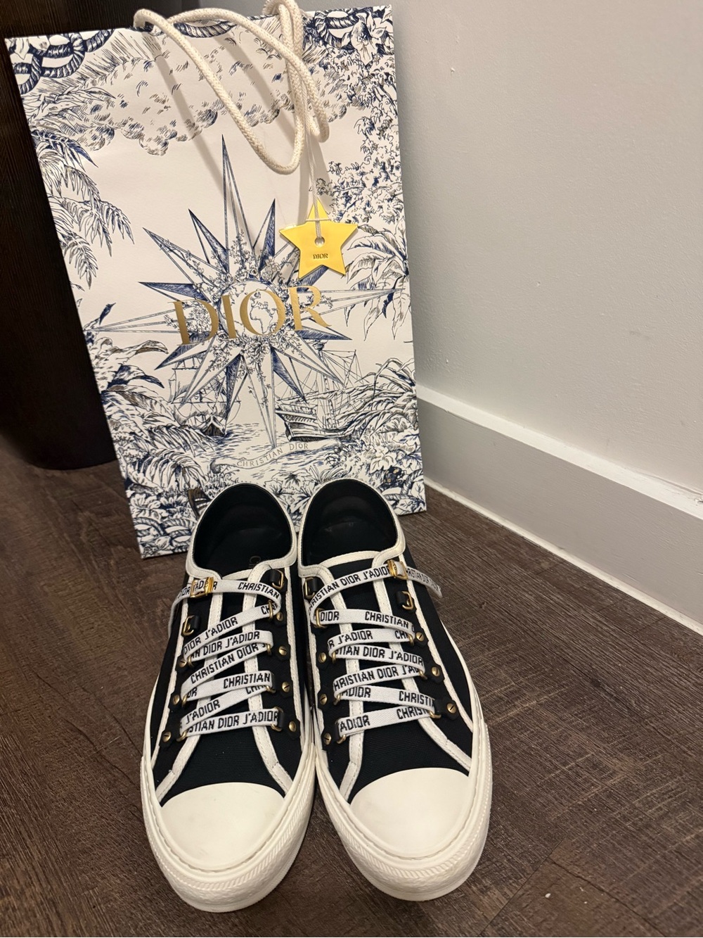 Authentic Dior Black and White J'Adior Ribbon-Trim Sneakers